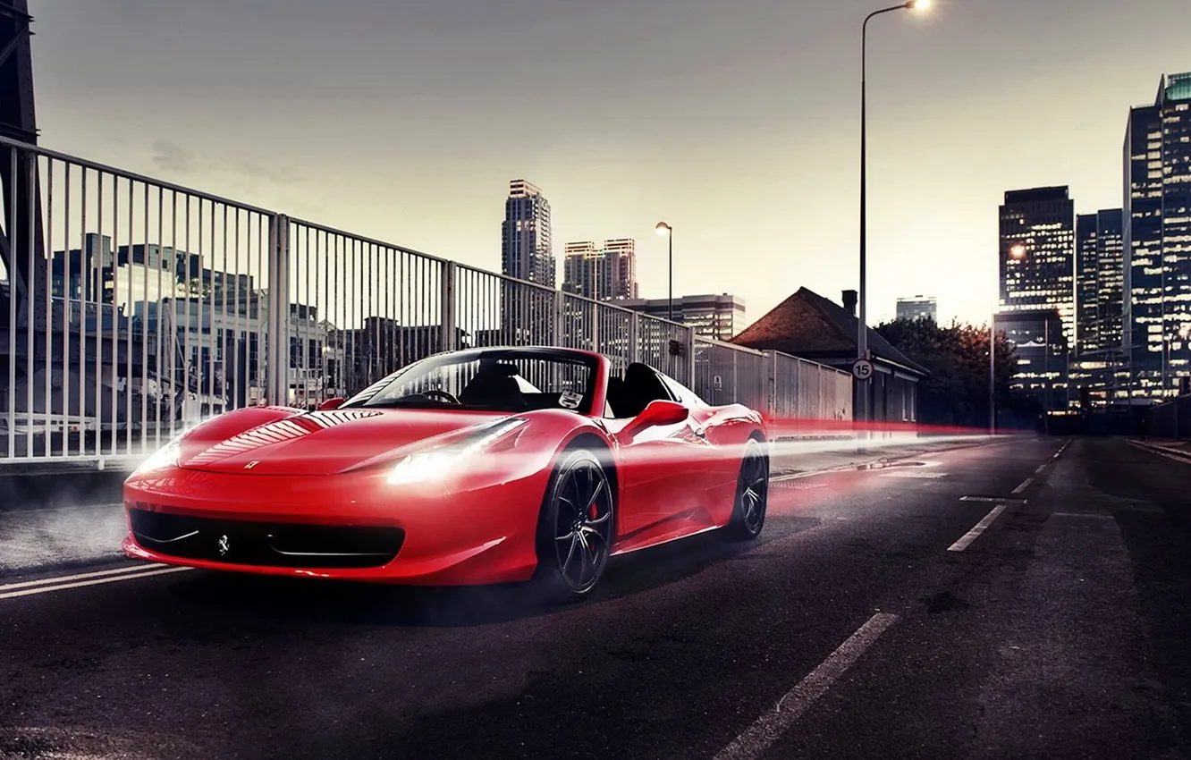 Photo wallpaper red, the city, skyscrapers, Ferrari, red, Roadster, Ferrari, 458