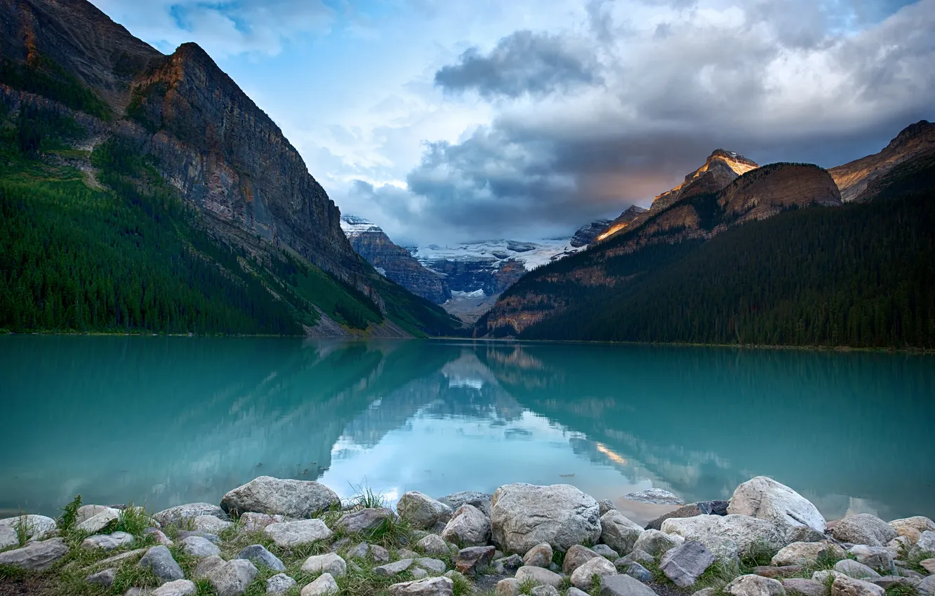 Photo wallpaper forest, the sky, clouds, trees, mountains, lake, stones, Canada