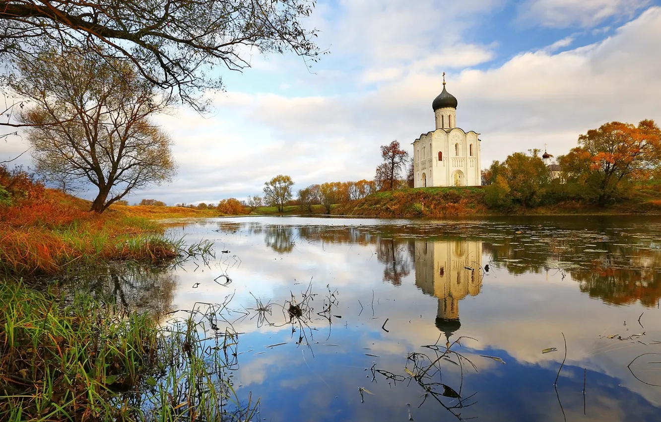 Photo wallpaper autumn, landscape, nature, reflection, river, shore, Church, temple