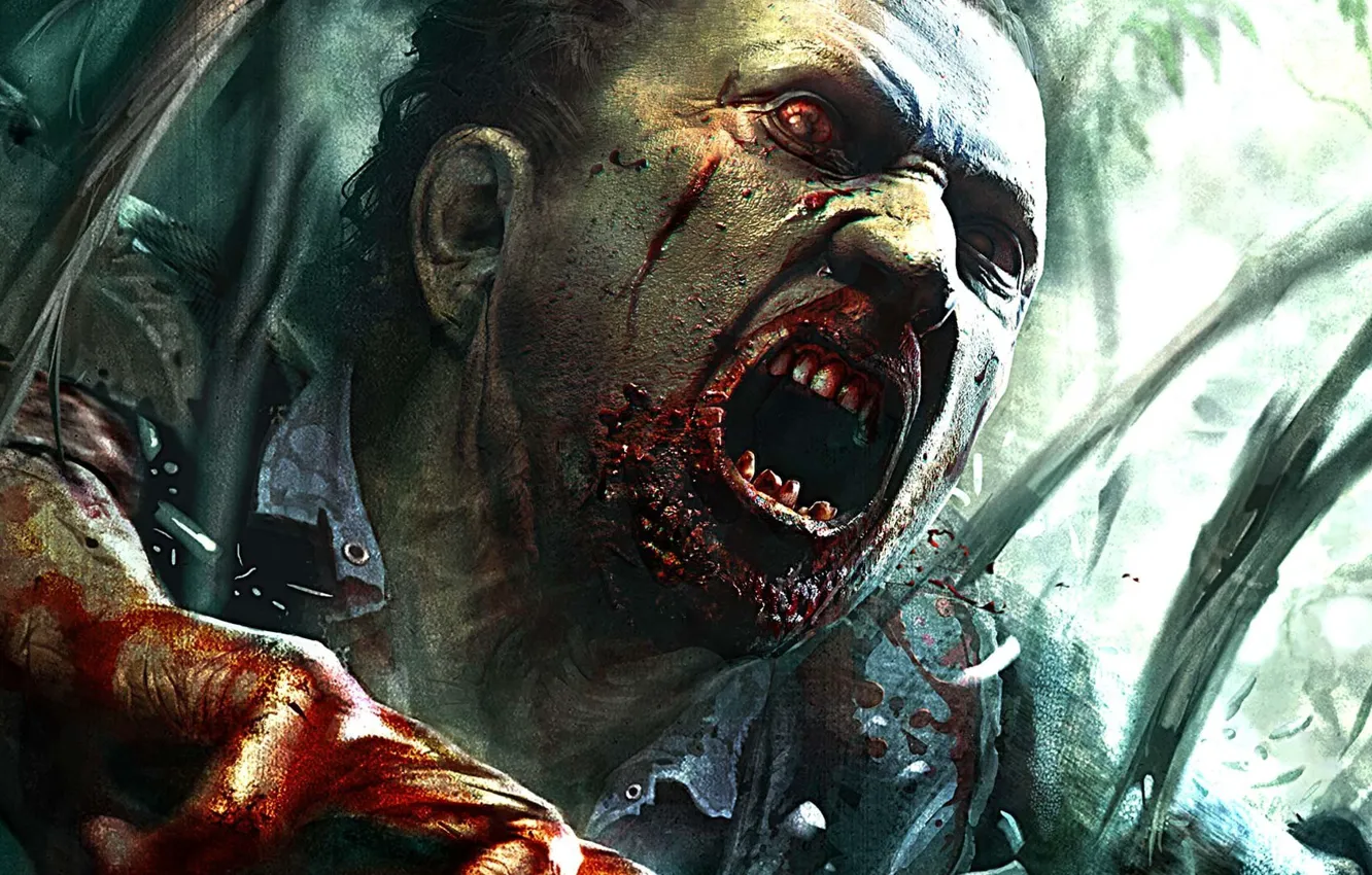 Photo wallpaper girl, zombie, blood, game, red eyes, island, man, hand
