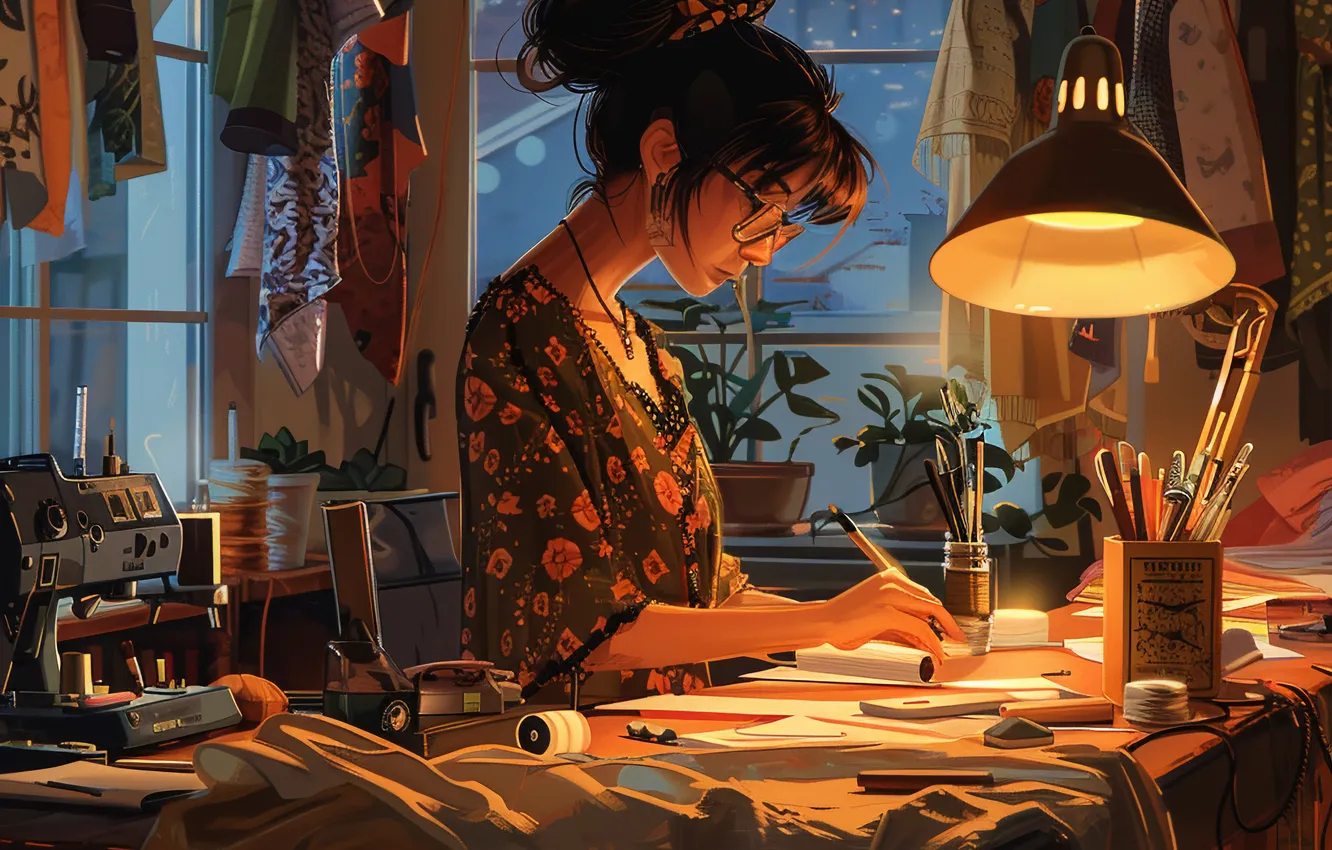 Photo wallpaper girl, table, lamp, digital art, fashion designer, sewing machine, AI art, The Art of Artificial …