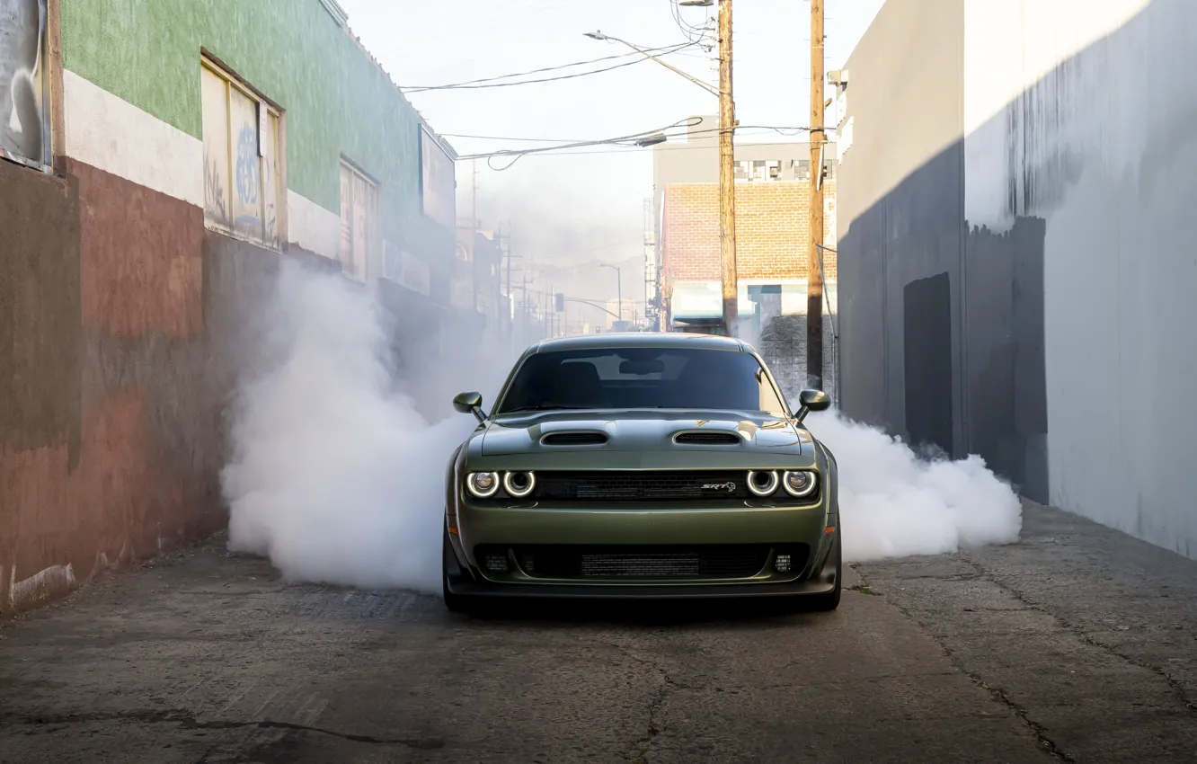 Photo wallpaper smoke, Dodge, Challenger, the front, powerful, oil CT, Dodge Challenger SRT Hellcat
