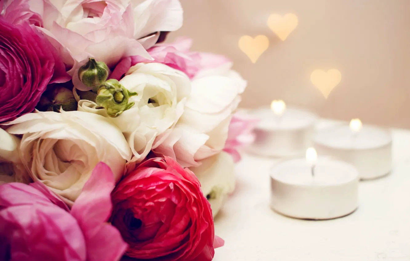 Photo wallpaper flowers, heart, bouquet, candles, heart, flowers, bouquet, candles