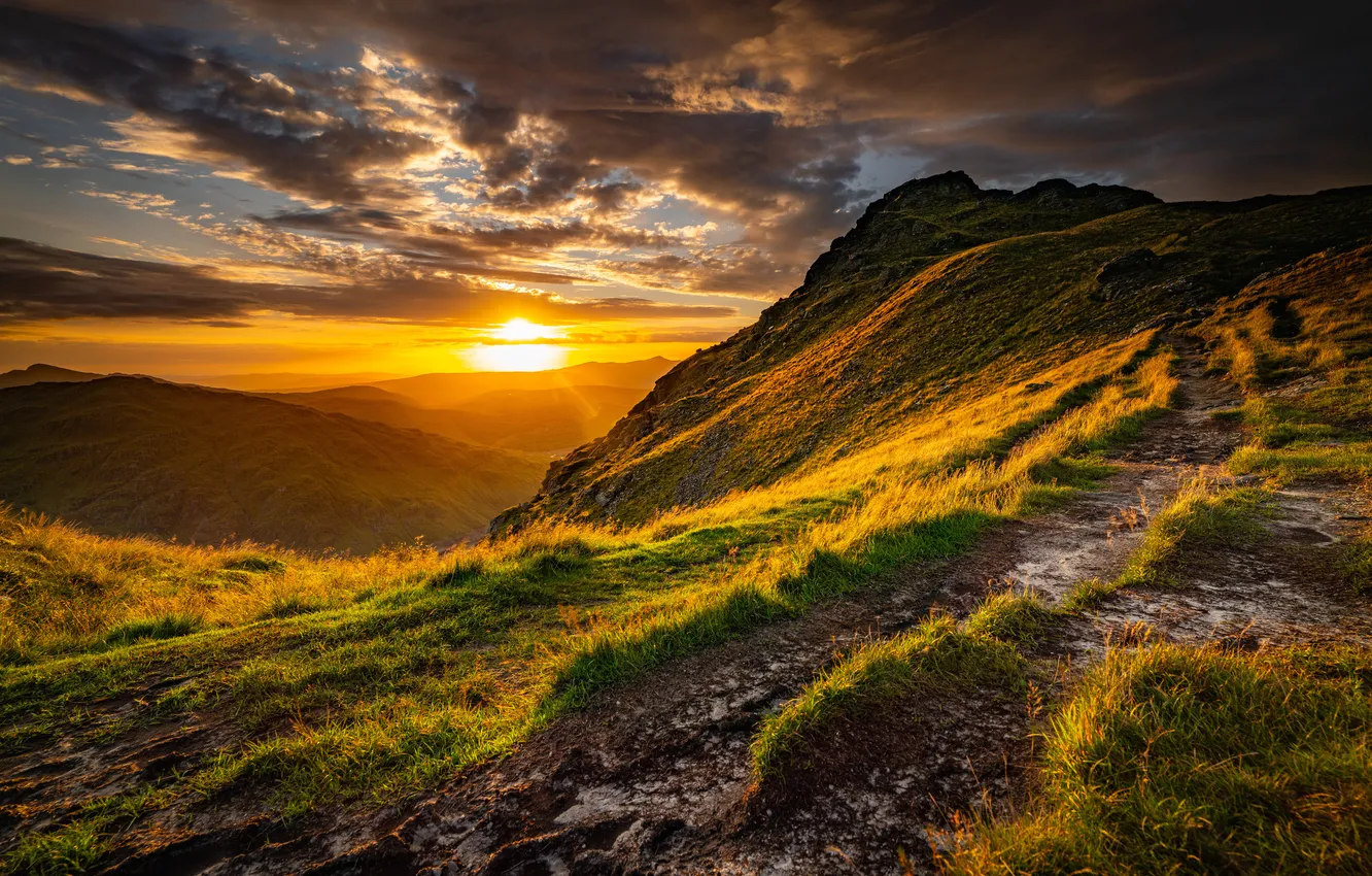 Photo wallpaper sunset, mountains, the evening