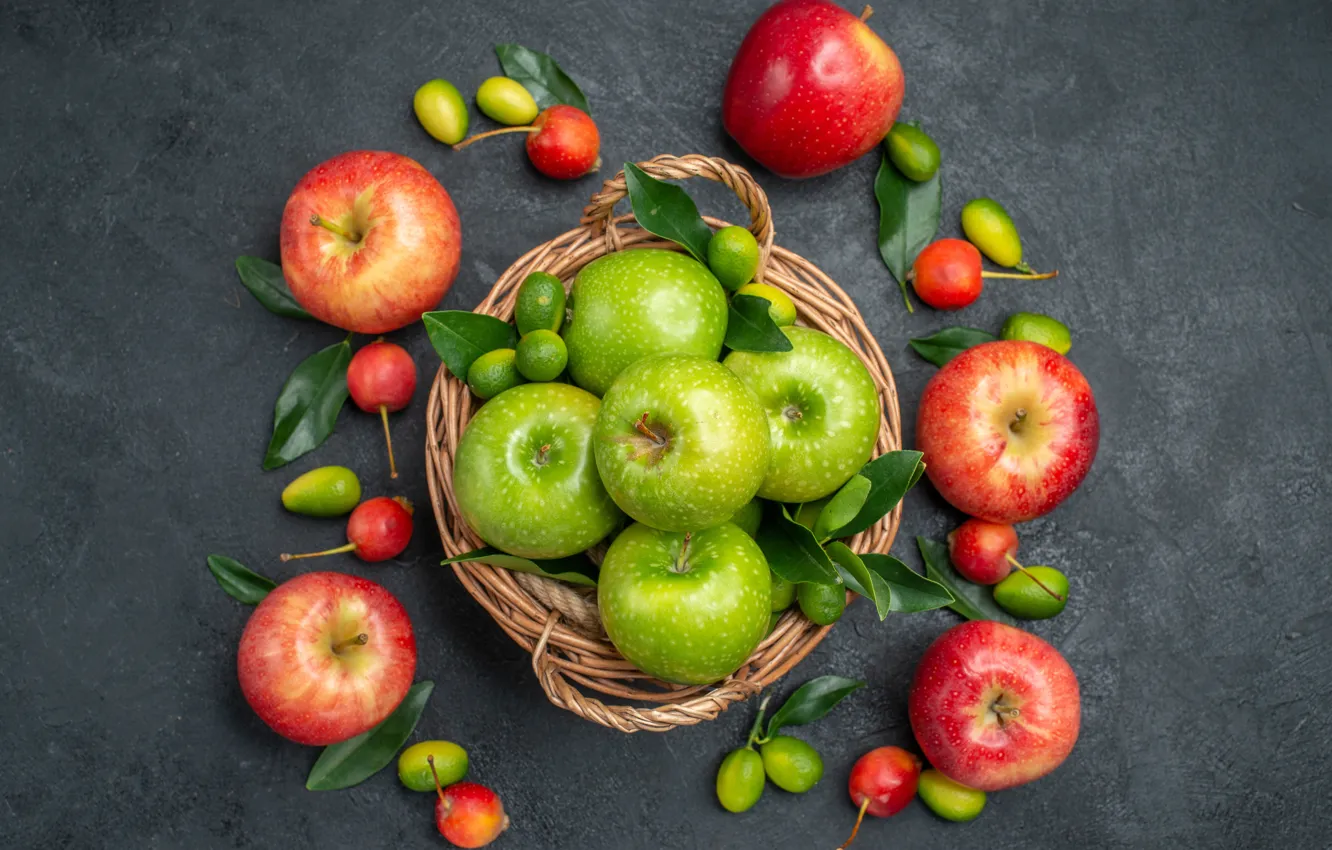 Photo wallpaper leaves, red, green, table, apples, citrus, fruit, placer
