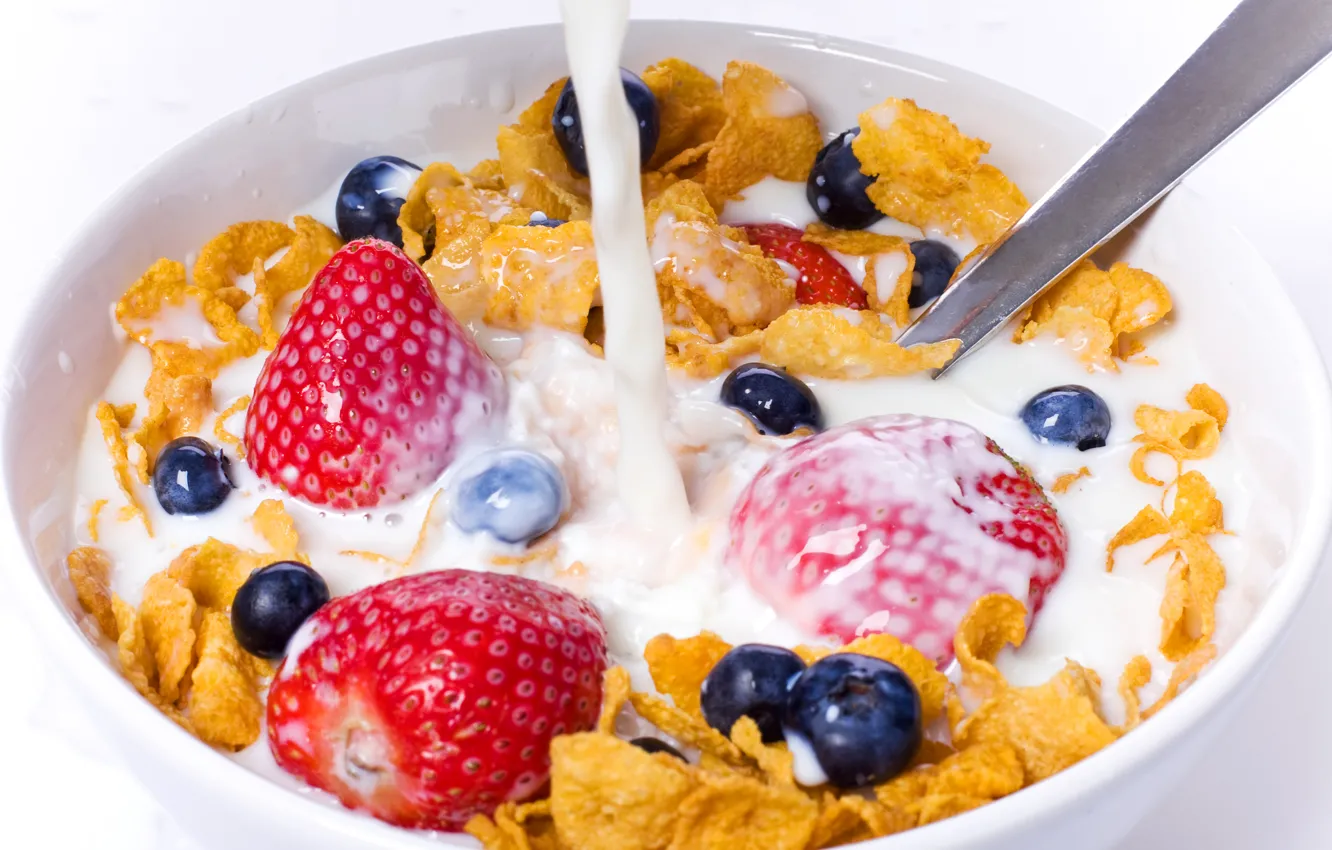 Photo wallpaper berries, food, milk, strawberry, white background