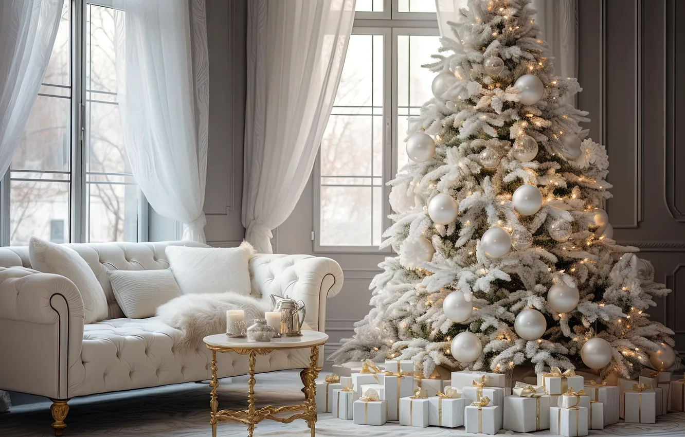 Photo wallpaper winter, room, sofa, balls, tree, interior, window, Christmas