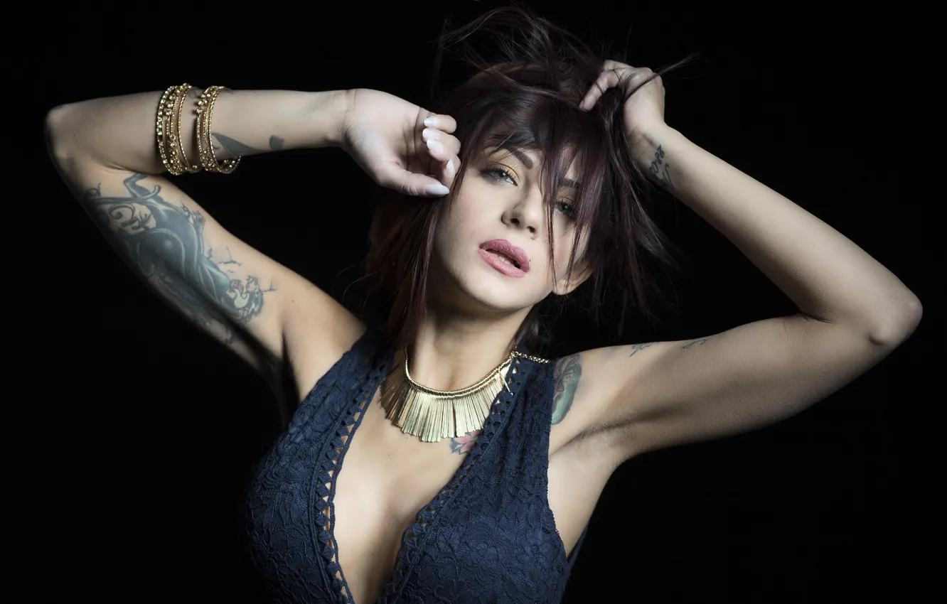 Photo wallpaper face, model, hair, hands, tattoo, Marina