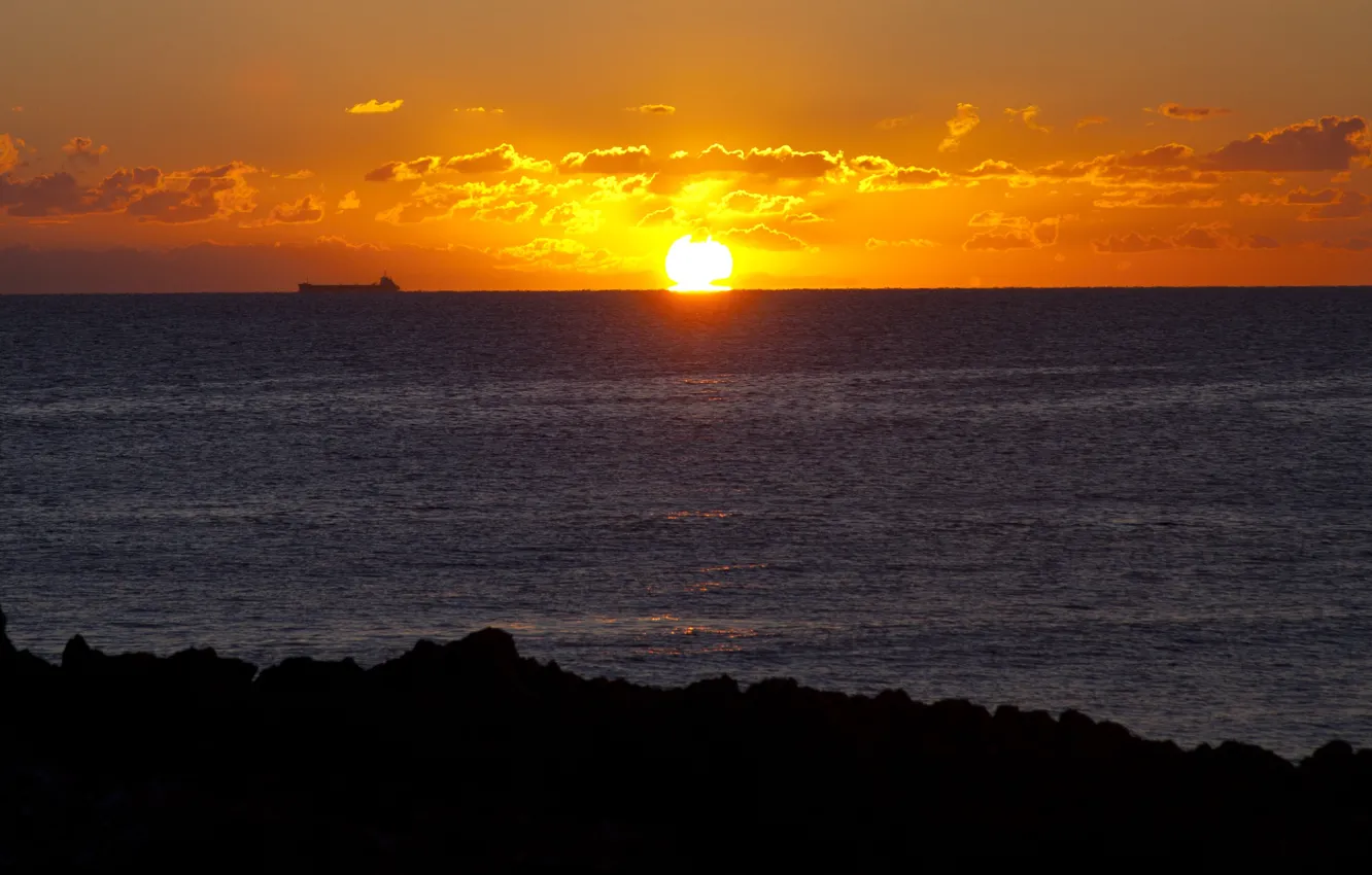 Photo wallpaper sea, the sky, the sun, clouds, sunrise, shore, ship, the East coast of Italy
