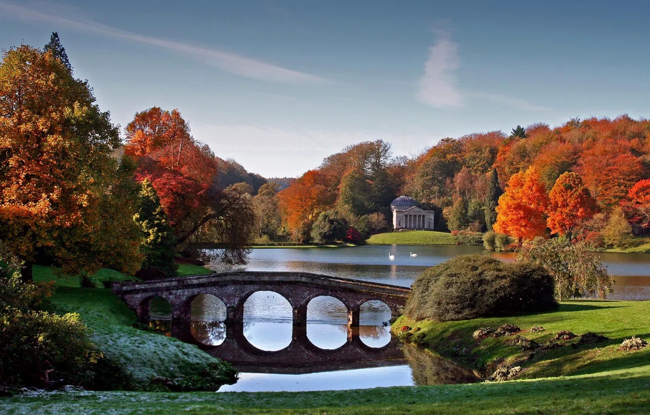 Photo wallpaper autumn, the sky, trees, bridge, lake, pond, Park