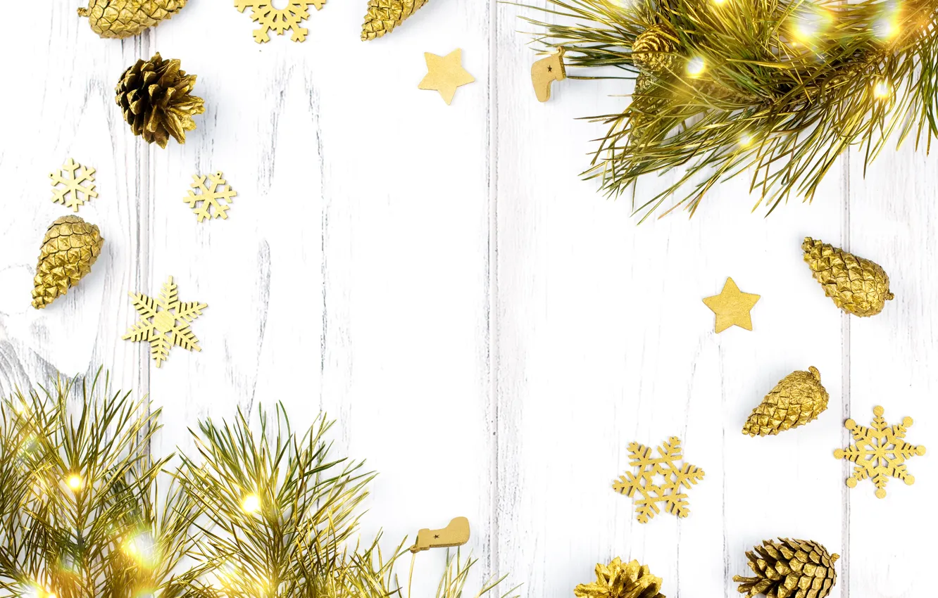 Photo wallpaper branches, holiday, toys, new year, lights, garland, pine