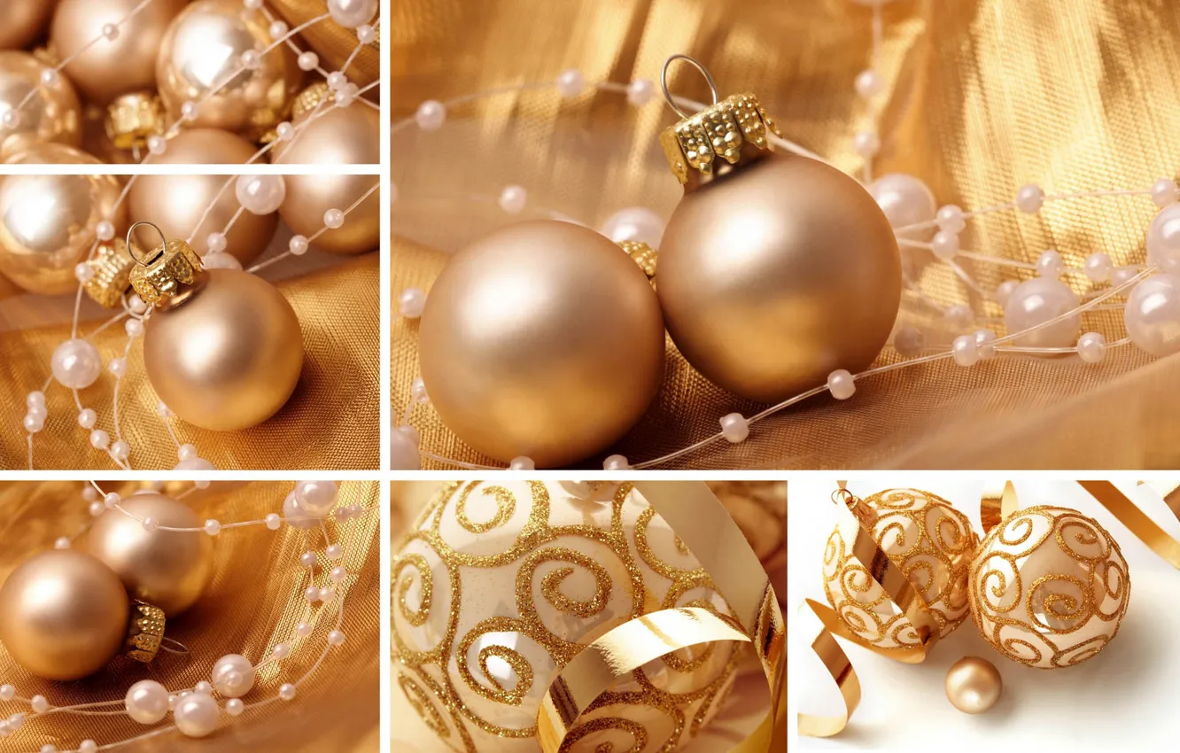 Photo wallpaper balls, holiday, collage, gold, beads