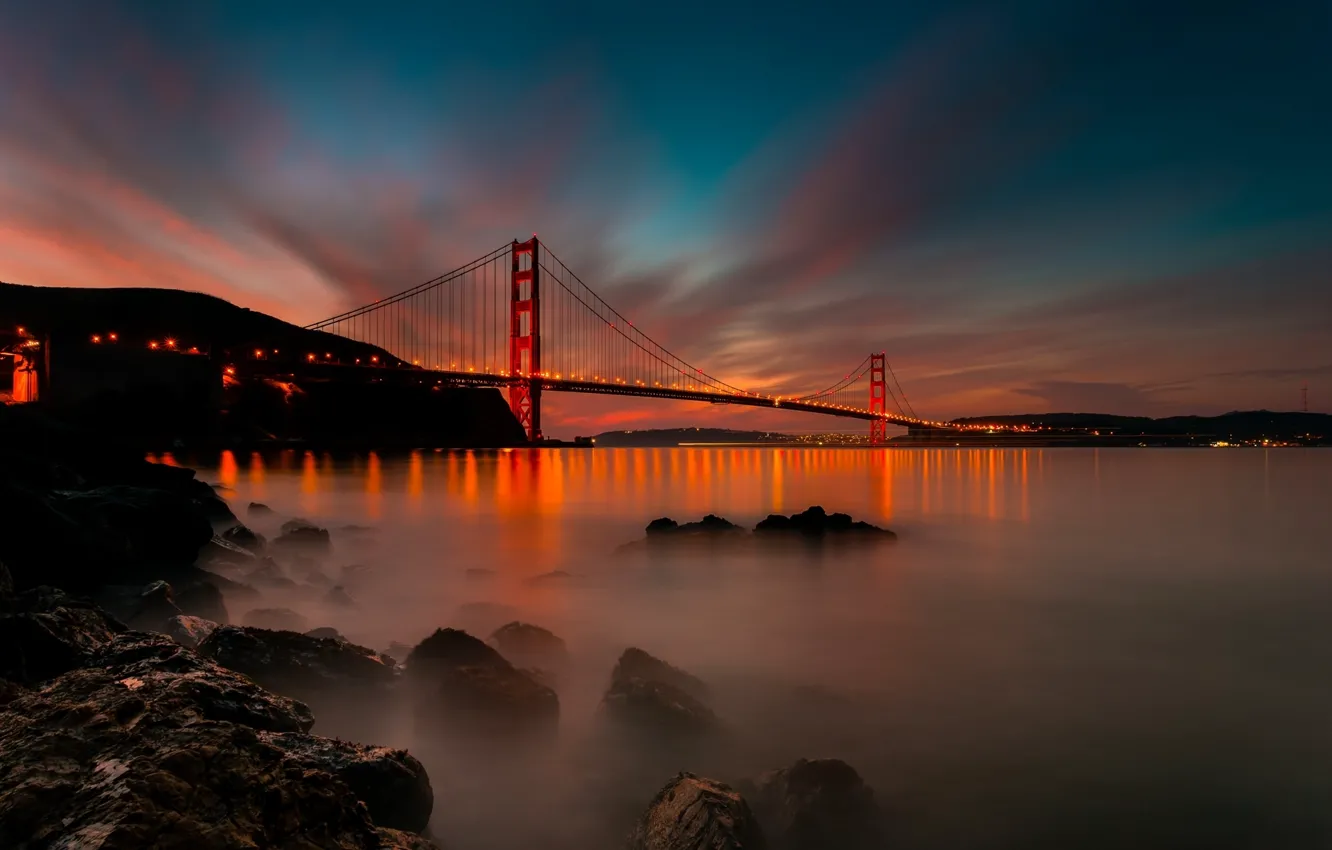 Photo wallpaper light, sunset, bridge, the city, Strait, stones, the evening, CA