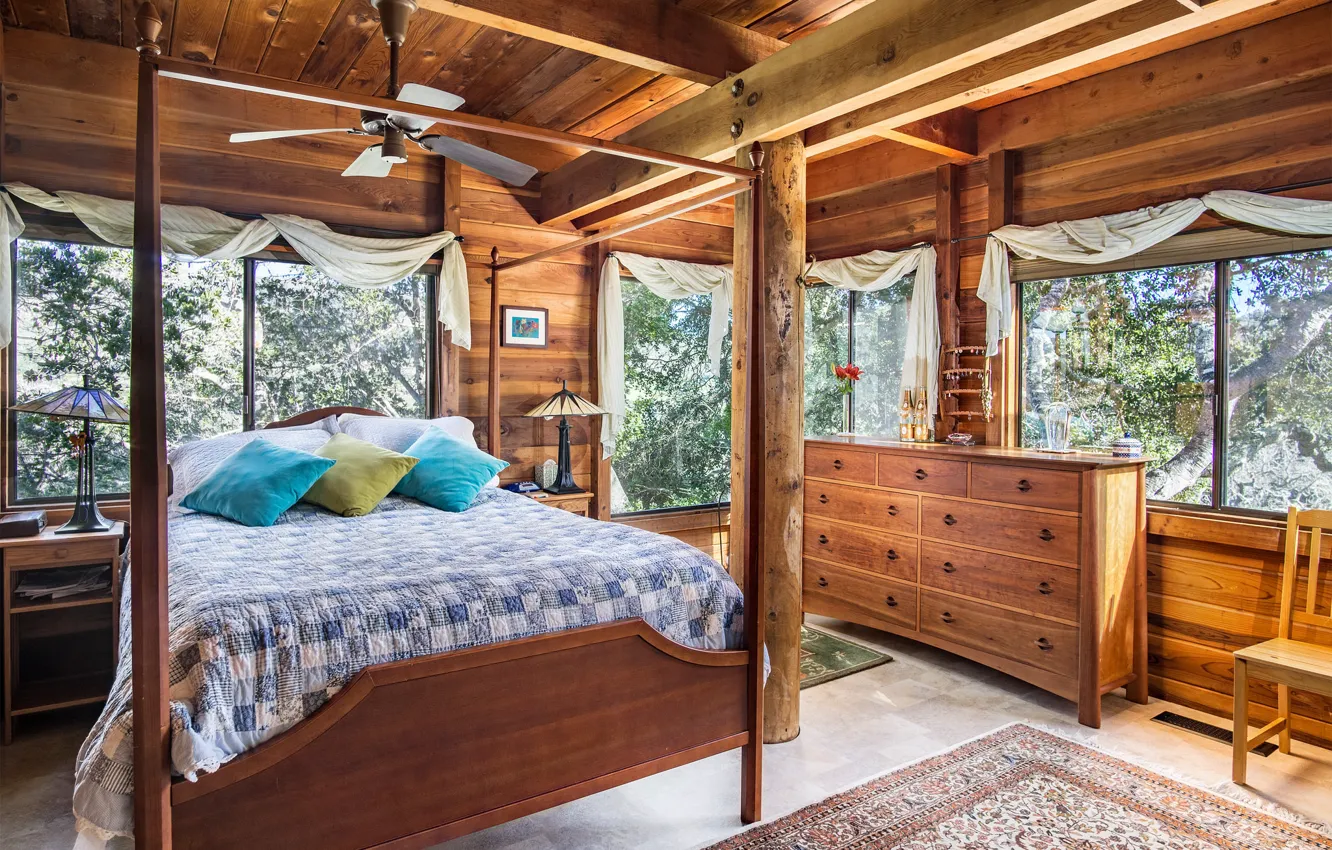 Photo wallpaper trees, design, bed, pillow, bedroom, chest