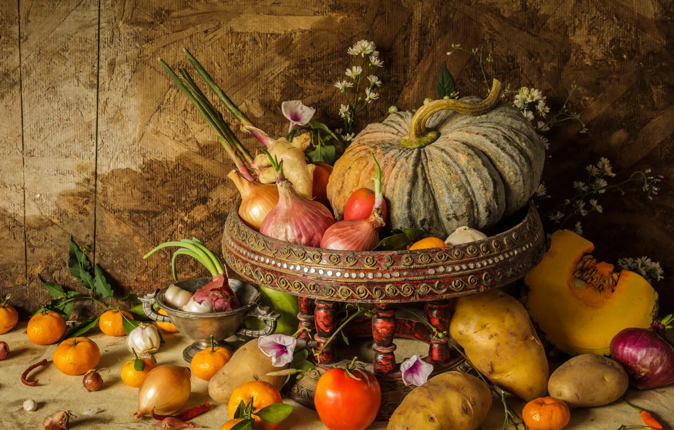 Photo wallpaper flowers, harvest, pumpkin, fruit, still life, vegetables, autumn, still life