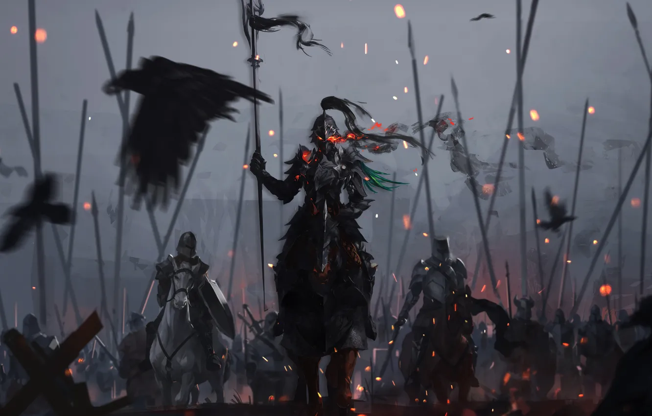 Photo wallpaper knight, peak, army, black magic, riders of death, black crows, armor plate, thick fog
