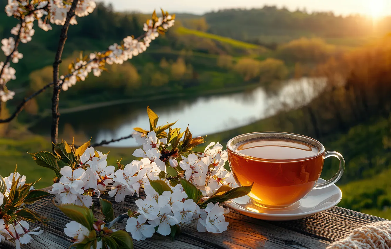 Photo wallpaper rays, light, flowers, branches, nature, cherry, river, hills