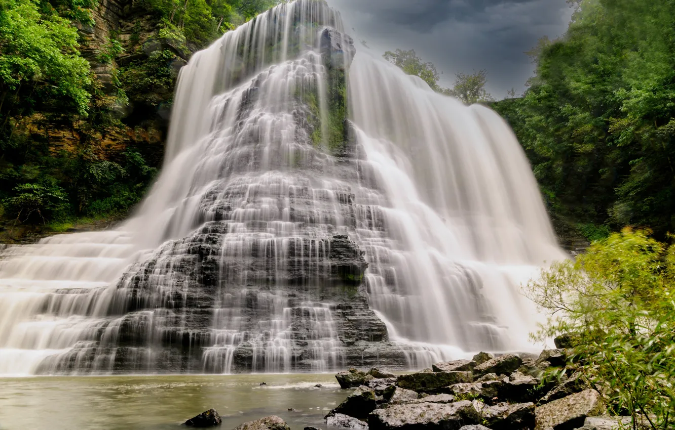 Photo wallpaper rocks, waterfall, stream