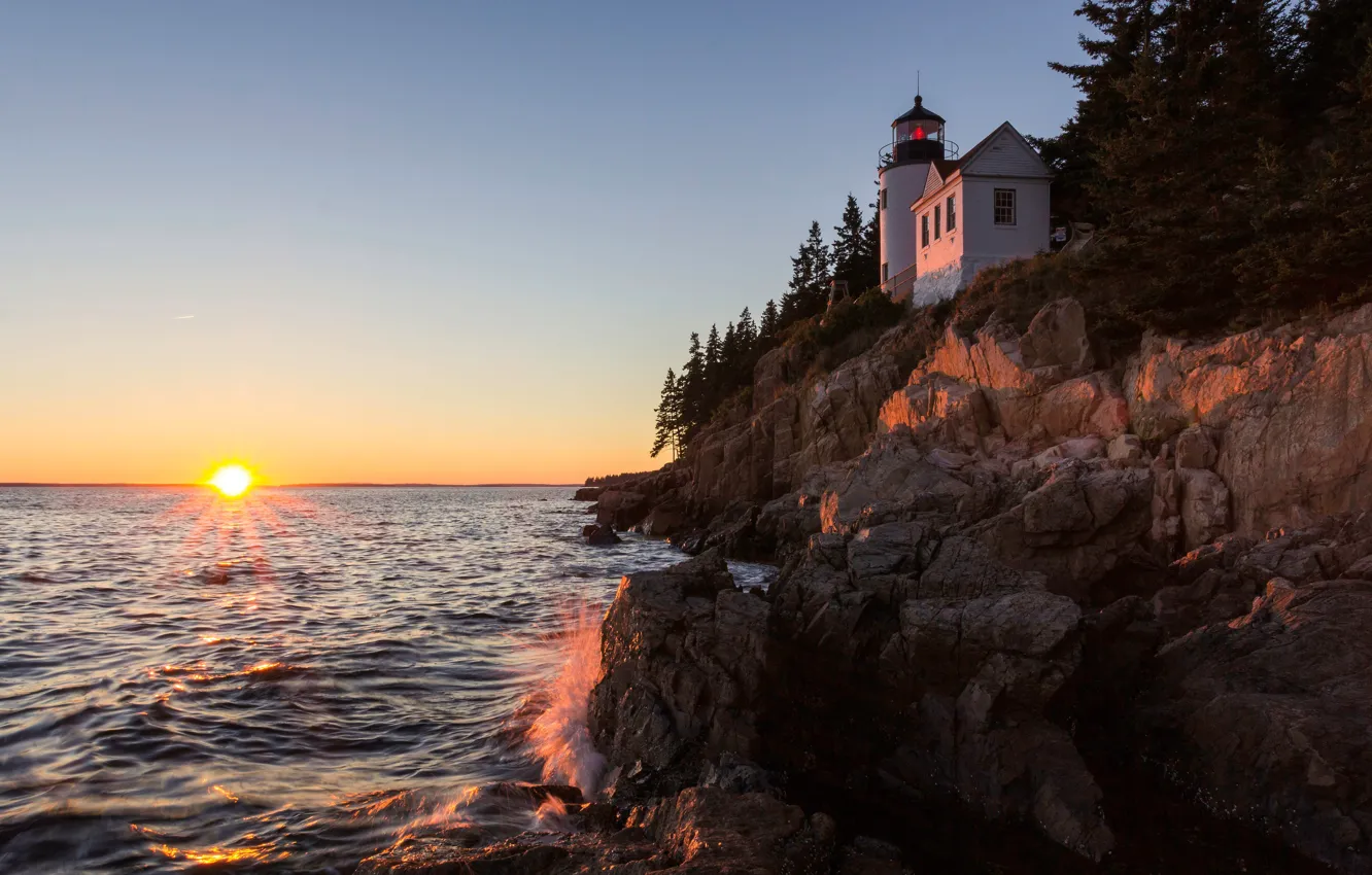 Photo wallpaper wave, sunset, rocks, shore, lighthouse, USA, Bass Harbor Head Light, Bass Harbor Head Light