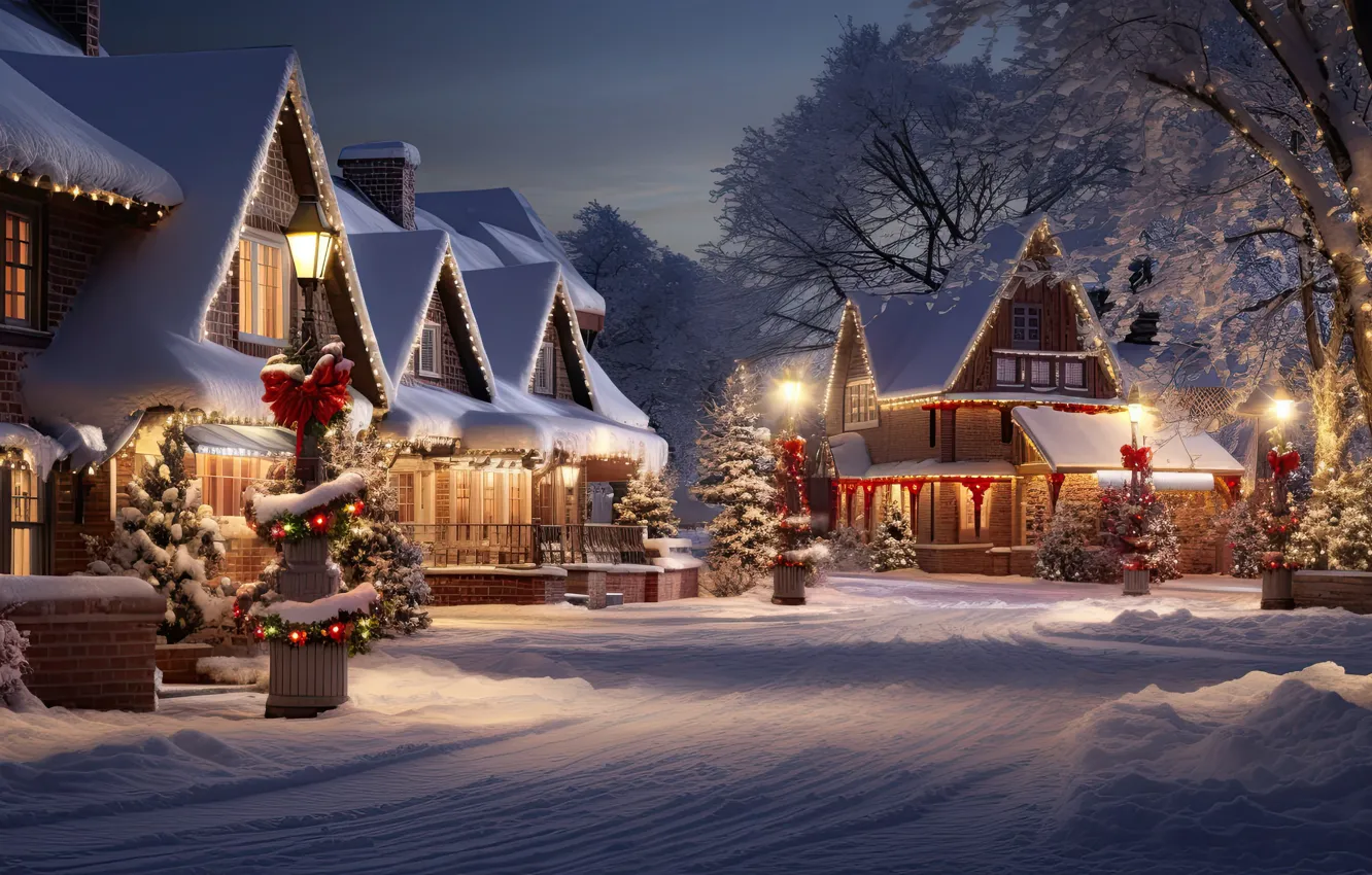 Photo wallpaper winter, snow, decoration, night, the city, lights, street, tree