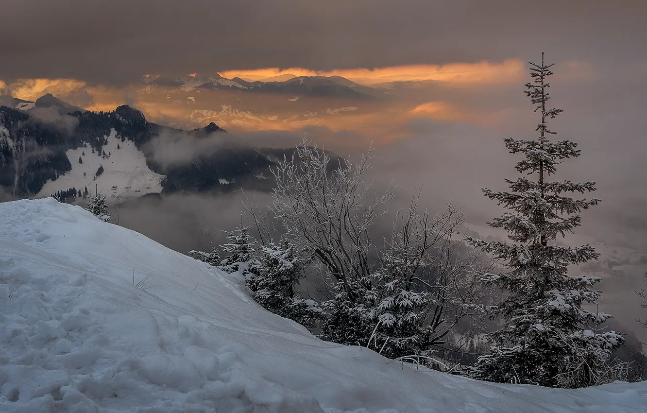 Photo wallpaper winter, clouds, snow, landscape, sunset, mountains, nature, Alps
