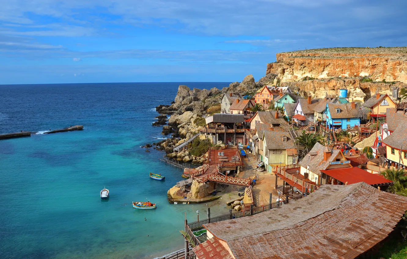 Photo wallpaper sea, the sky, rocks, home, the village, Malta, Anchor Bay