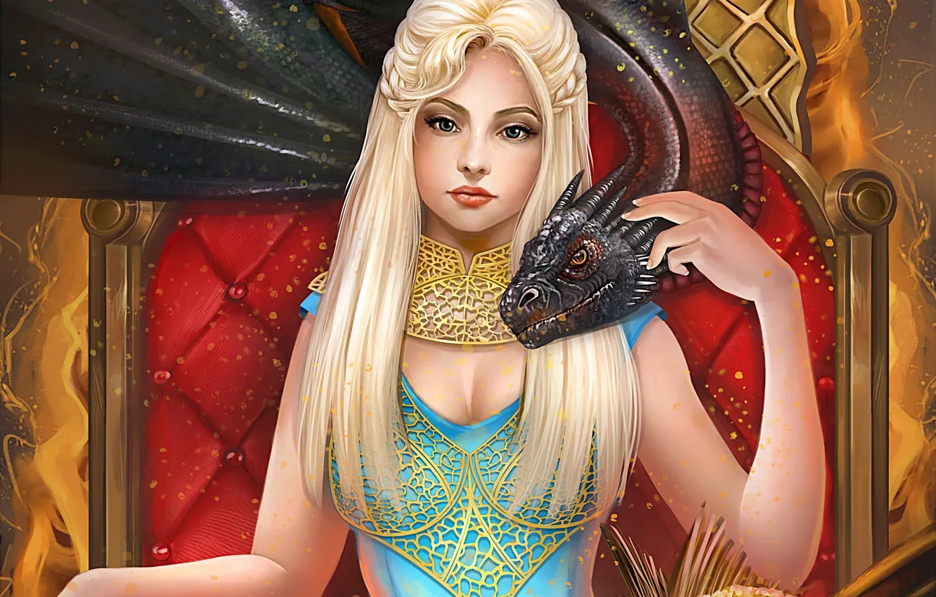 Photo wallpaper girl, dragon, the throne, Game of thrones, Daenerys Targaryen
