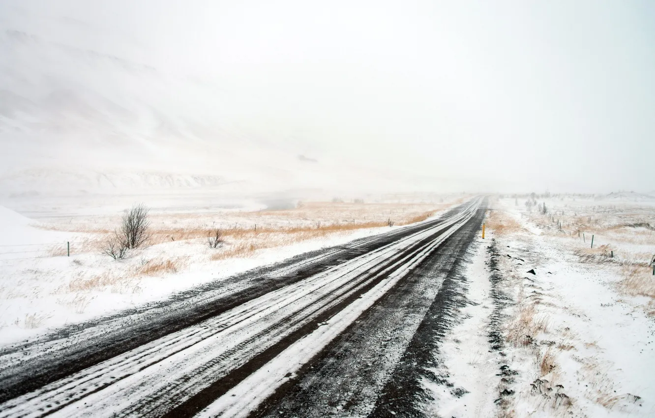 Photo wallpaper winter, road, field