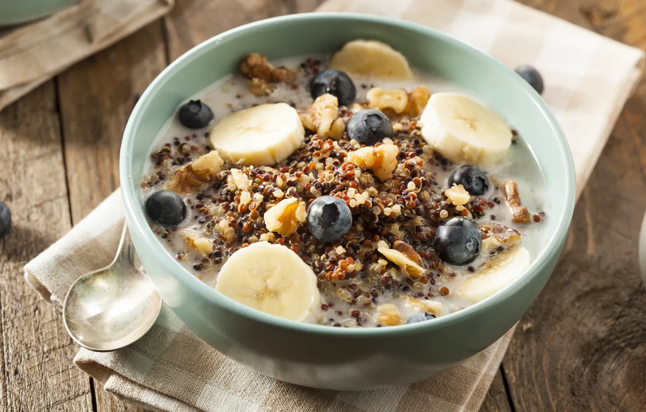 Photo wallpaper Breakfast, blueberries, bananas, breakfast, muesli