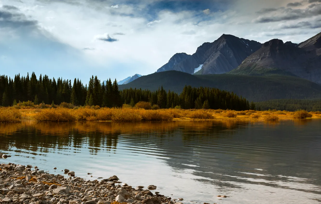 Photo wallpaper autumn, forest, the sky, clouds, trees, mountains, lake, blue