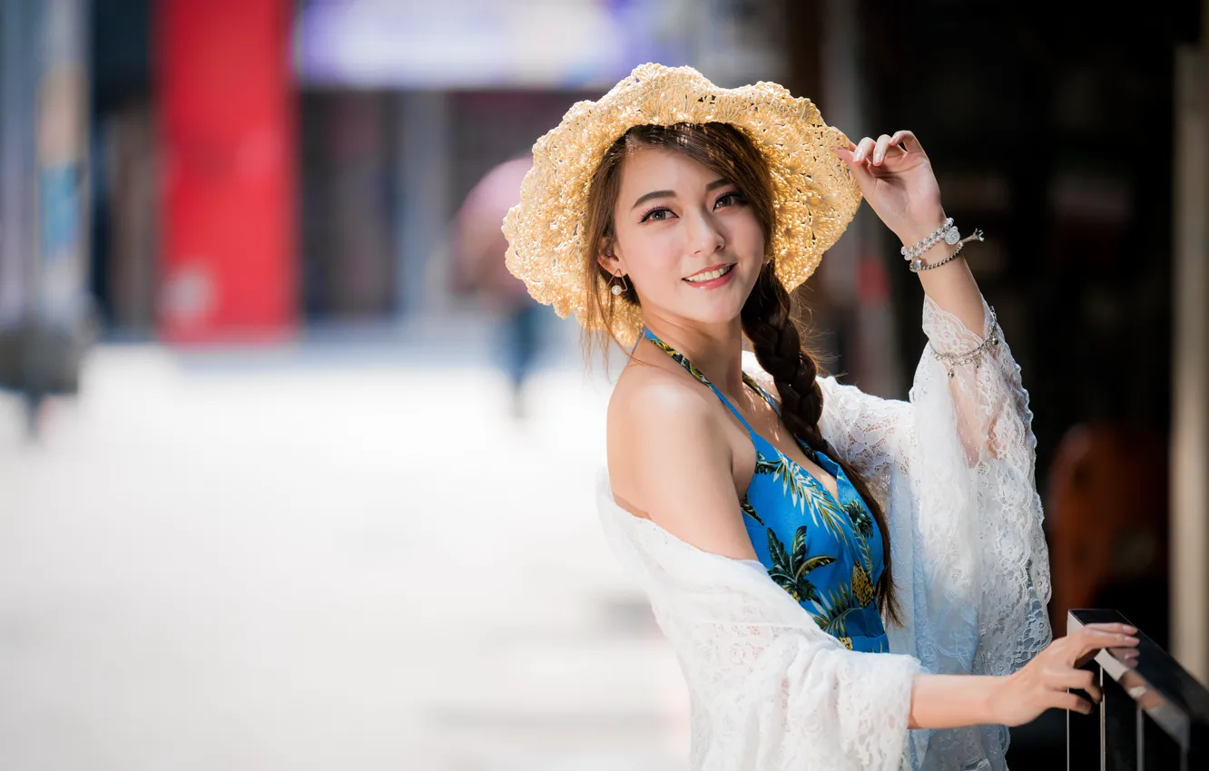 Photo wallpaper girl, smile, hat, Asian, cutie, bokeh