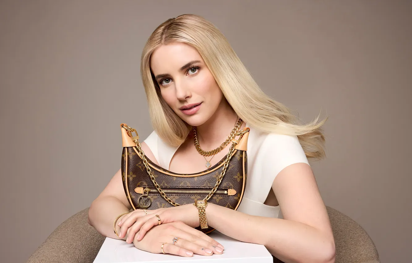 Photo wallpaper look, background, model, portrait, actress, blonde, bag, photoshoot