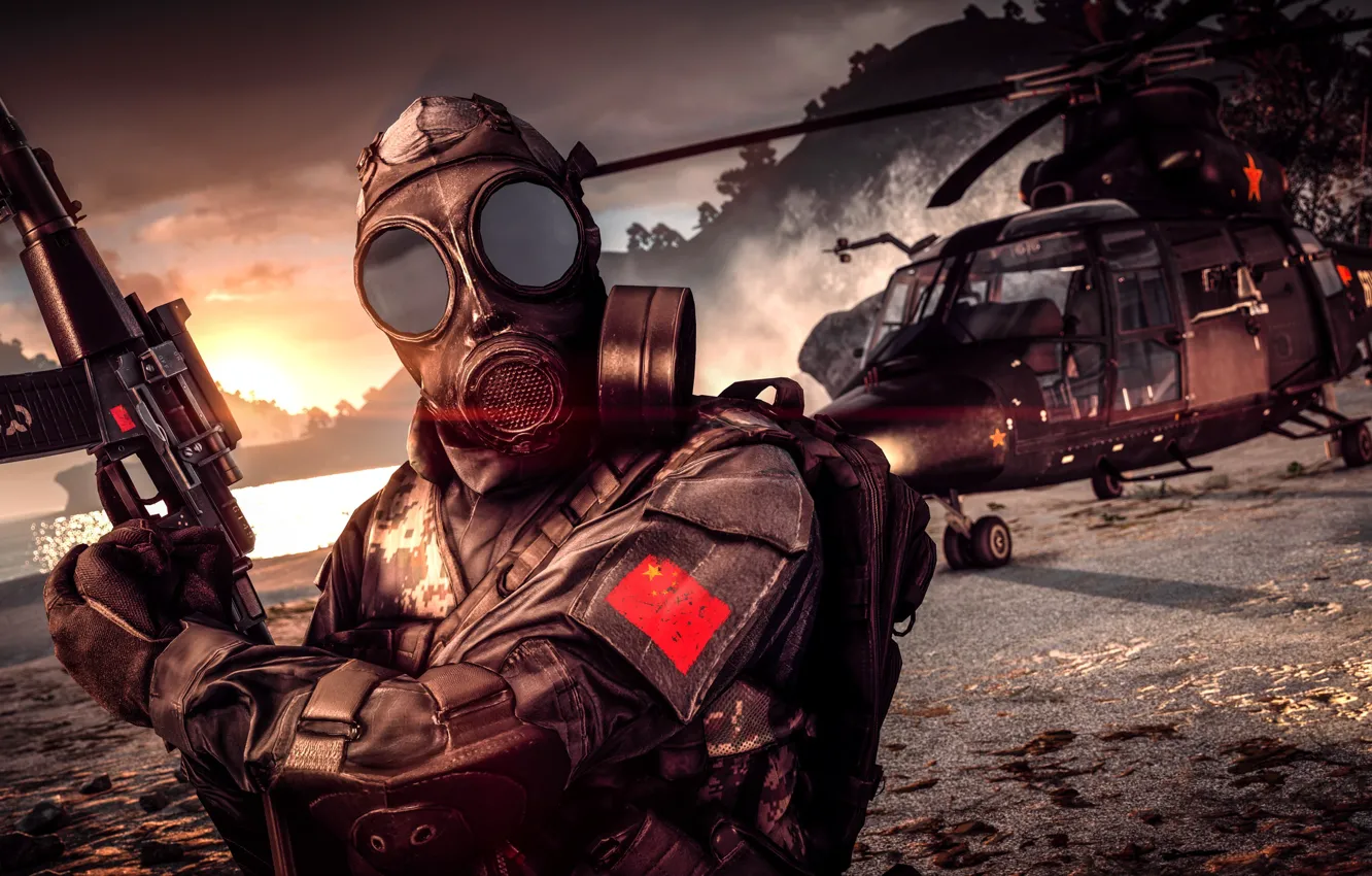 Photo wallpaper weapons, background, soldiers, gas mask, helicopter, Battlefield 4