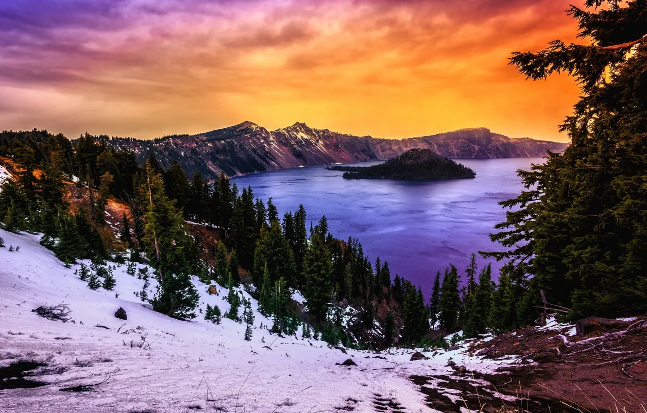 Photo wallpaper mountains, lake, slope