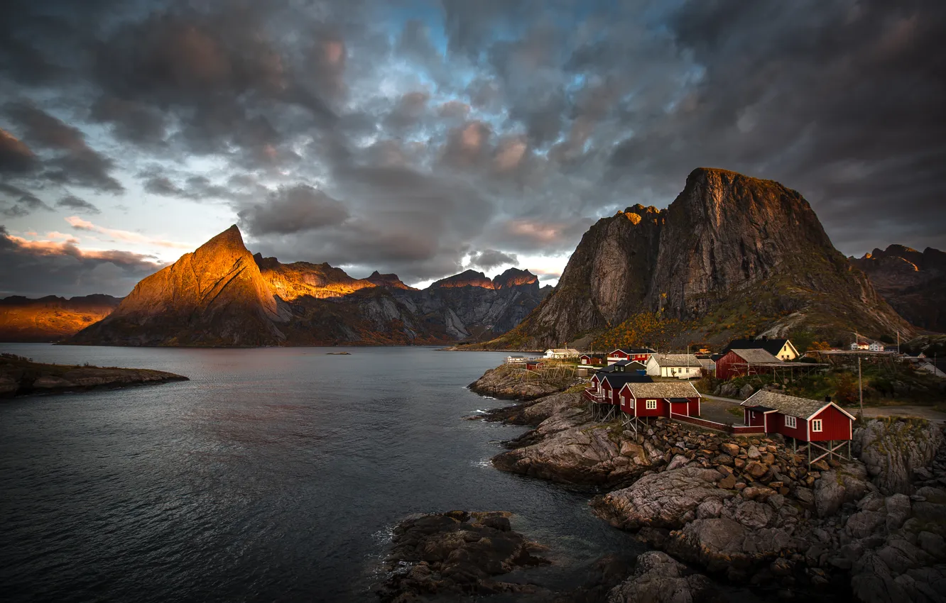 Photo wallpaper the sky, light, mountains, clouds, stones, rocks, shore, tops