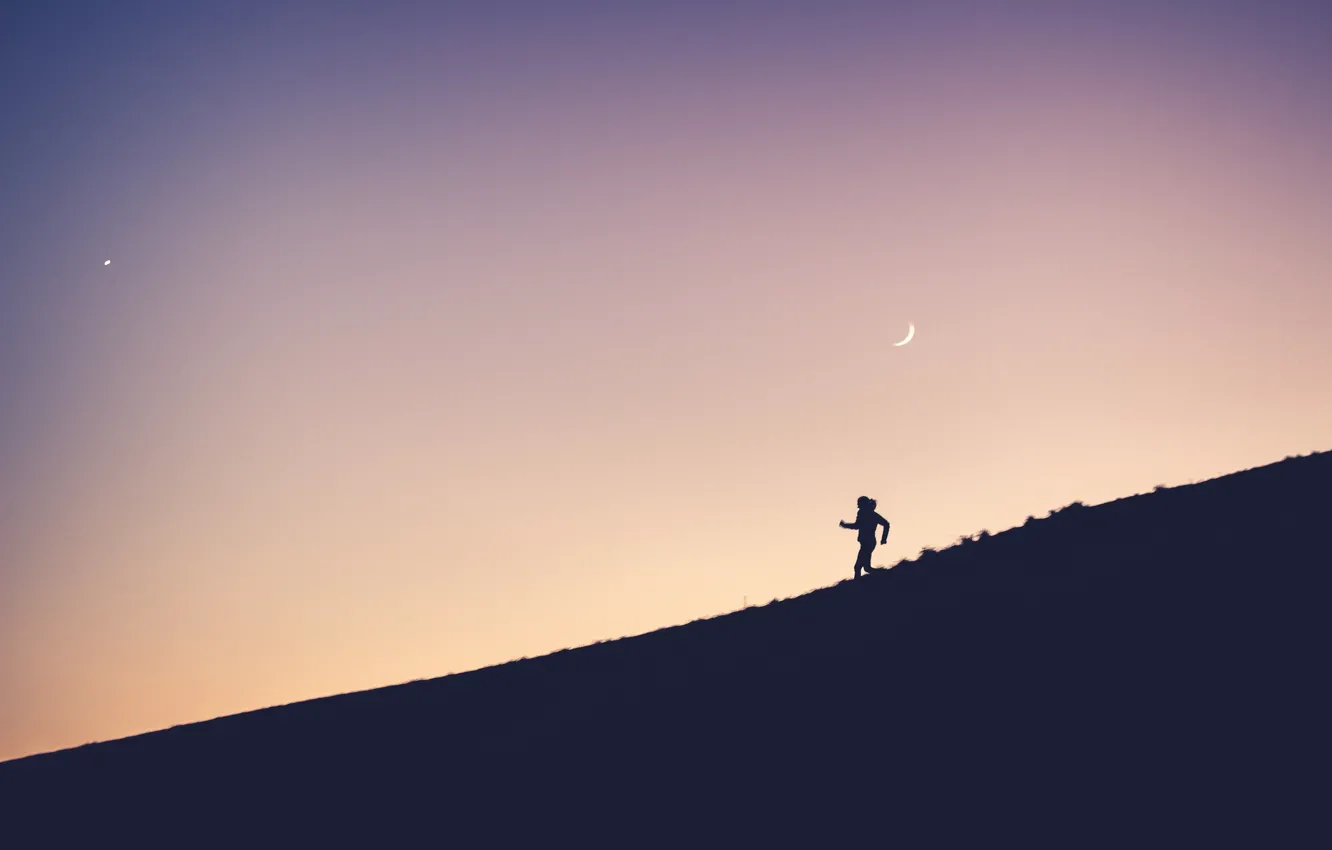 Photo wallpaper moon, twilight, sunset, hill, dusk, person, running