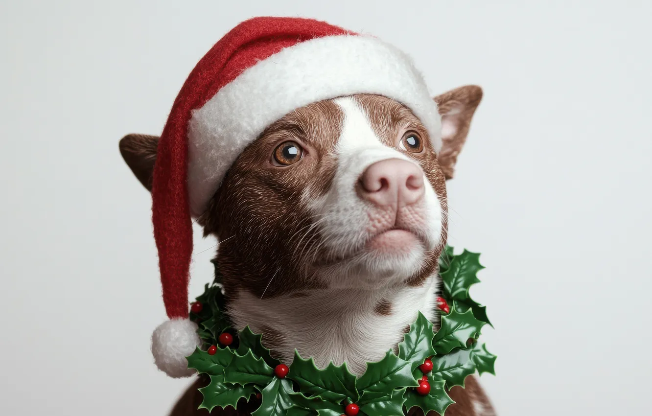 Photo wallpaper look, berries, new year, portrait, dog, Christmas, collar, face