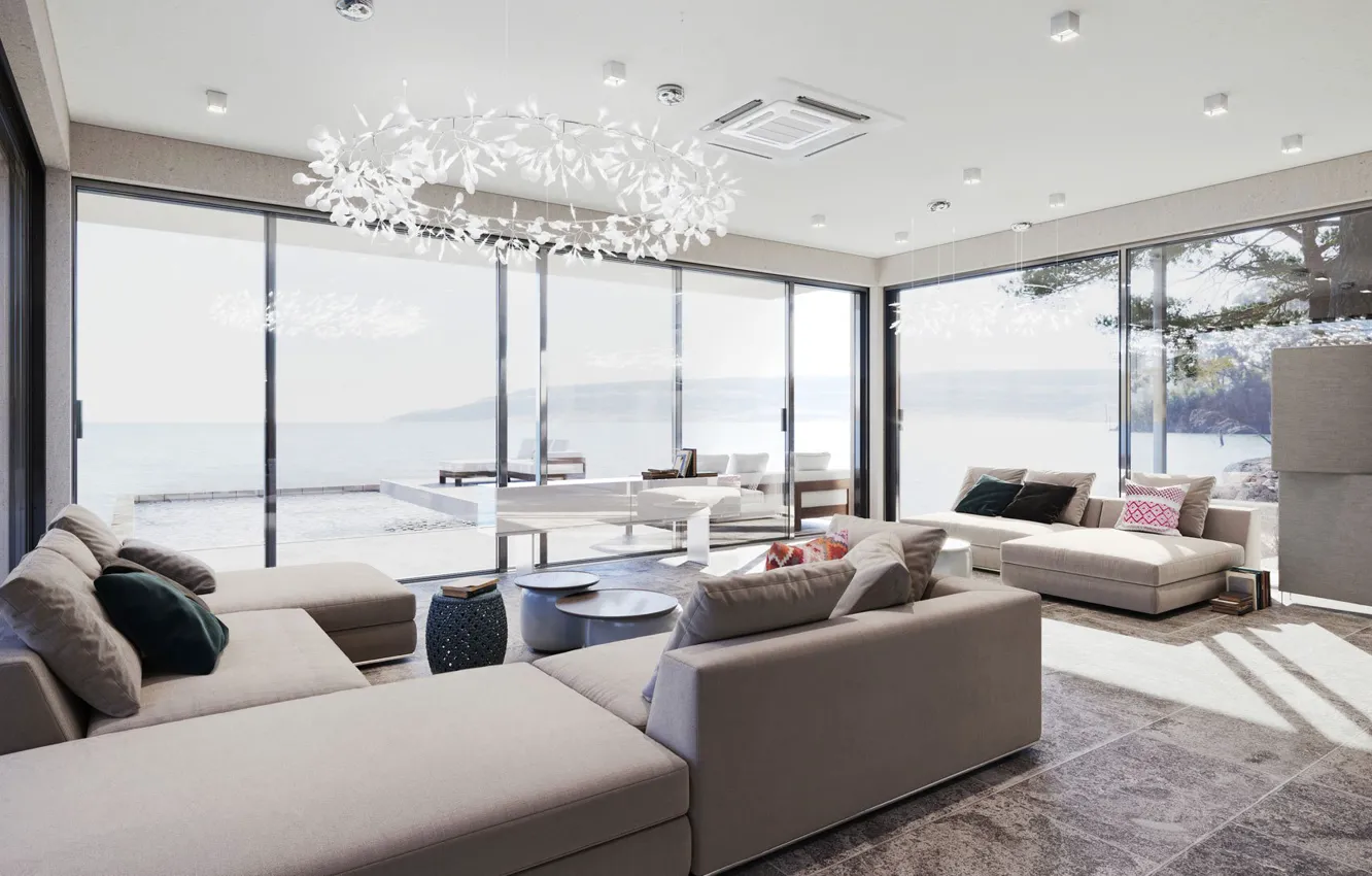 Photo wallpaper design, style, Villa, interior, pool, sea view, terrace, living room