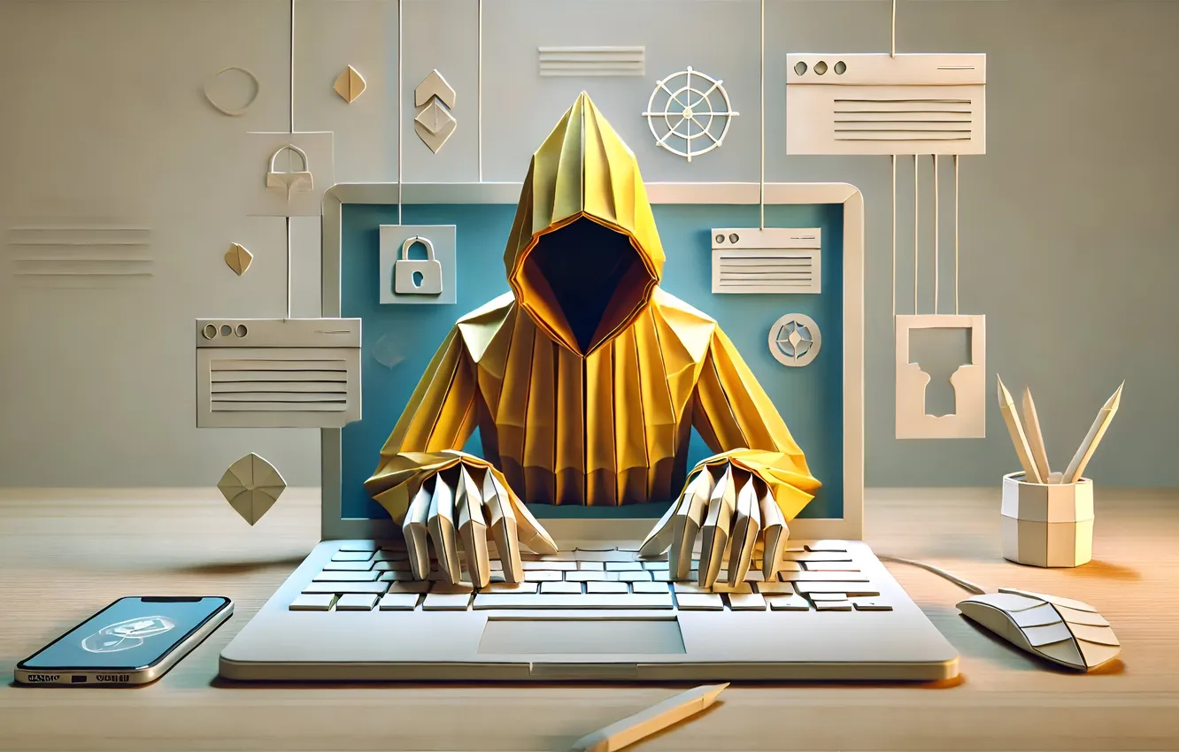 Photo wallpaper laptop, origami, smartphone, hacker, AI art