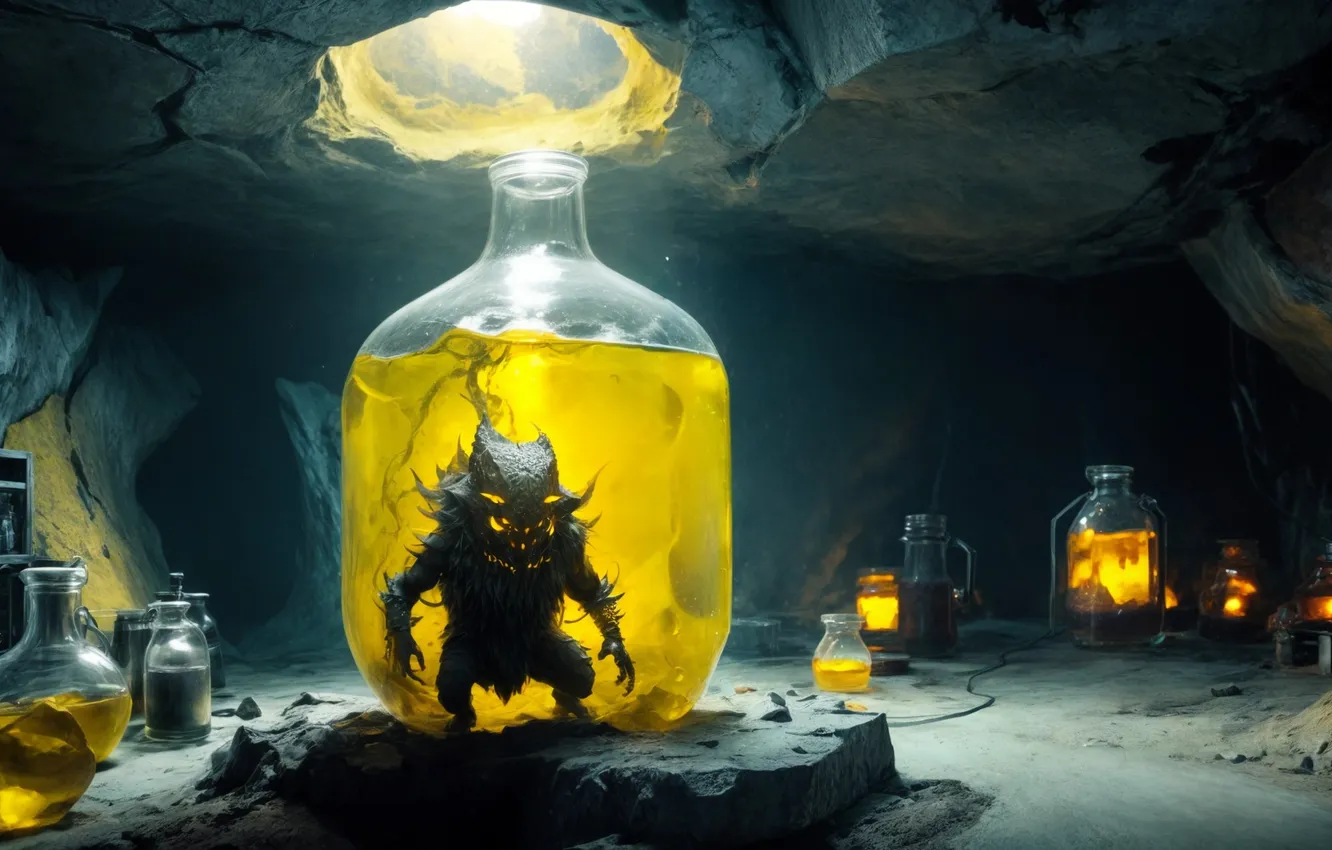 Photo wallpaper bottle, cave, bulb, experiment, yellow liquid