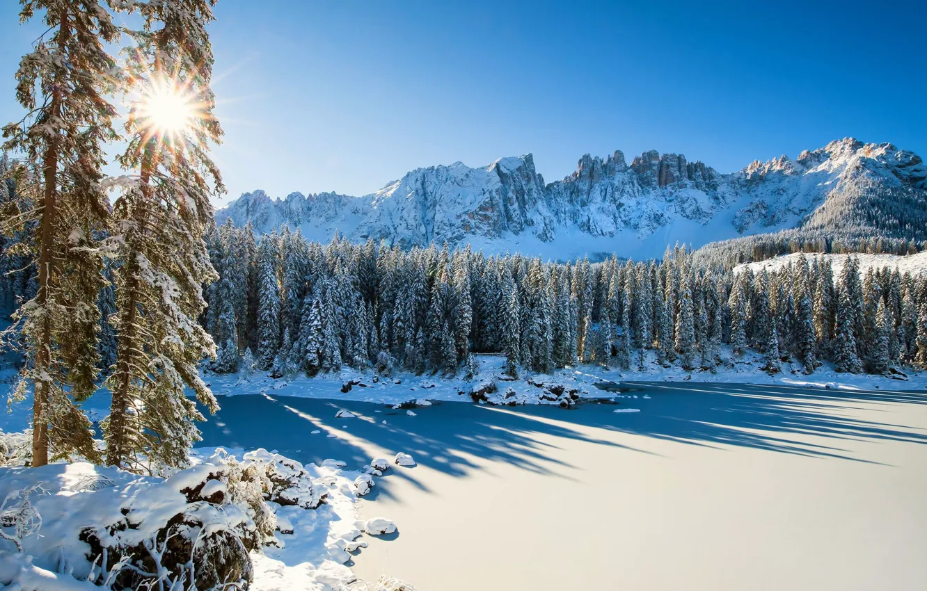 Photo wallpaper winter, forest, snow, mountains, Italy, Italy, The Dolomites, Lake Carezza