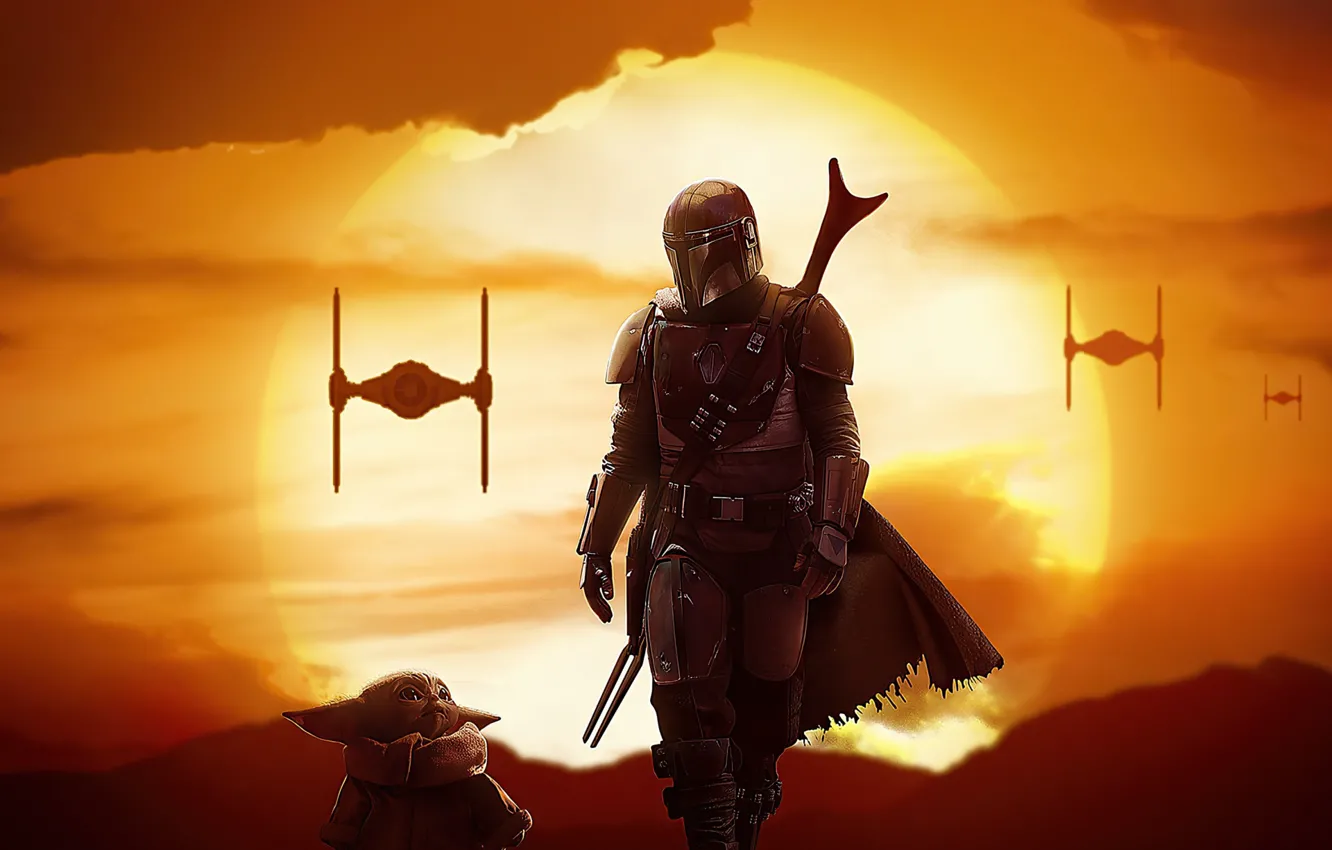 Photo wallpaper children, armor, armor, traveler, child, Traveler, mandalorian, crimson sky