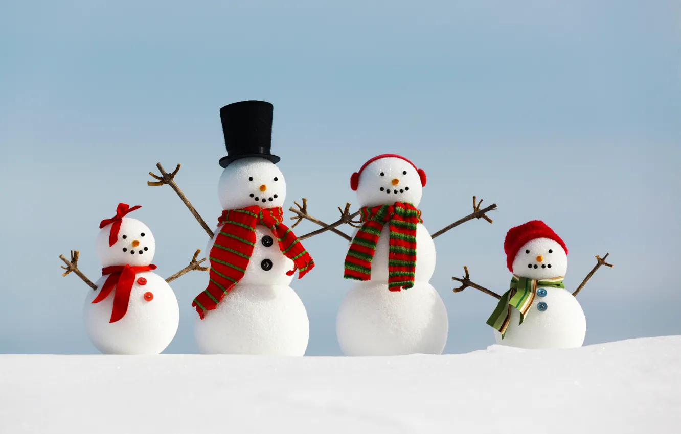 Photo wallpaper winter, snow, holiday, family, snowman, Happy New Year, winter, snow