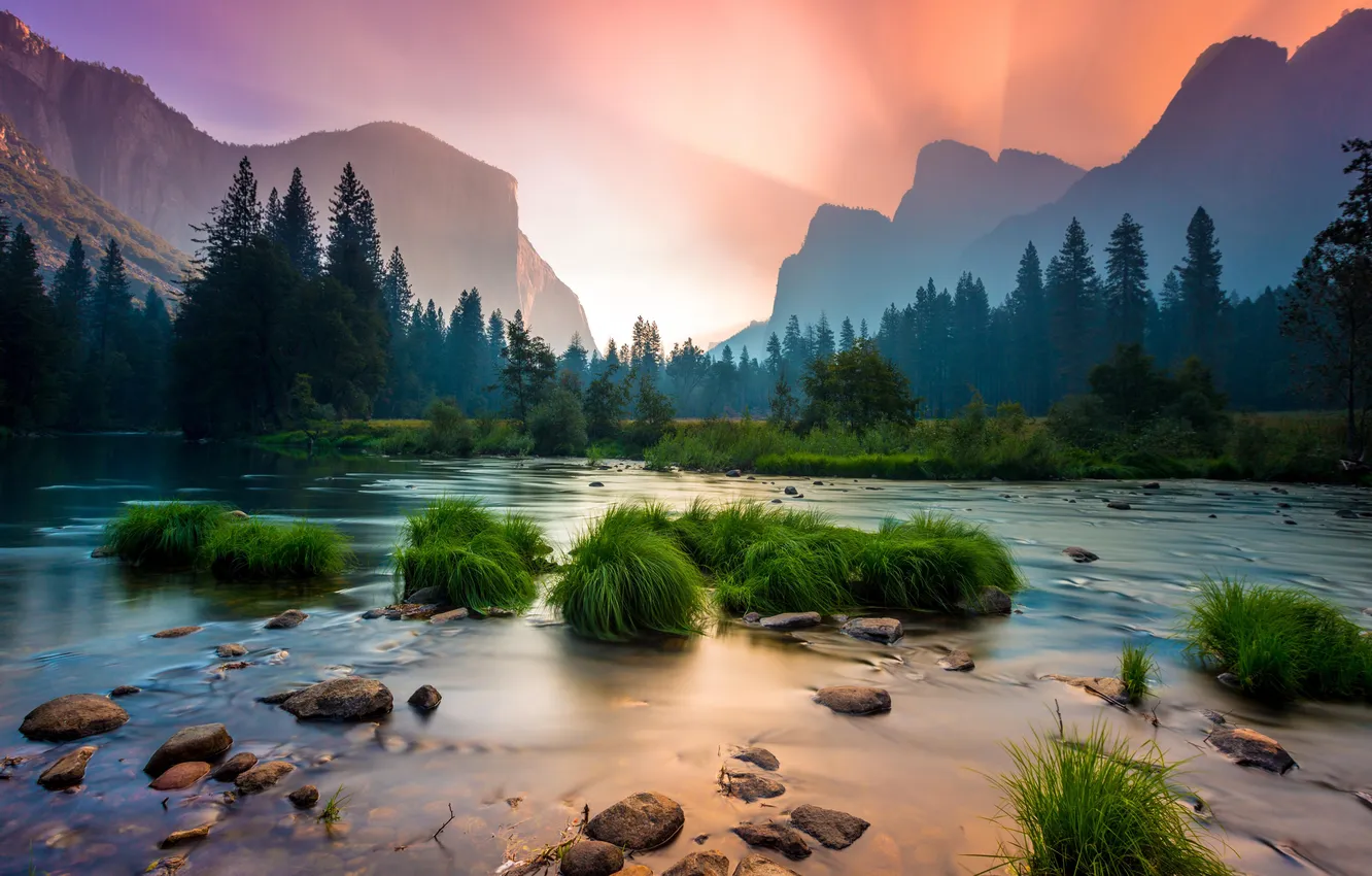 Photo wallpaper trees, mountains, nature, river, stones, dawn