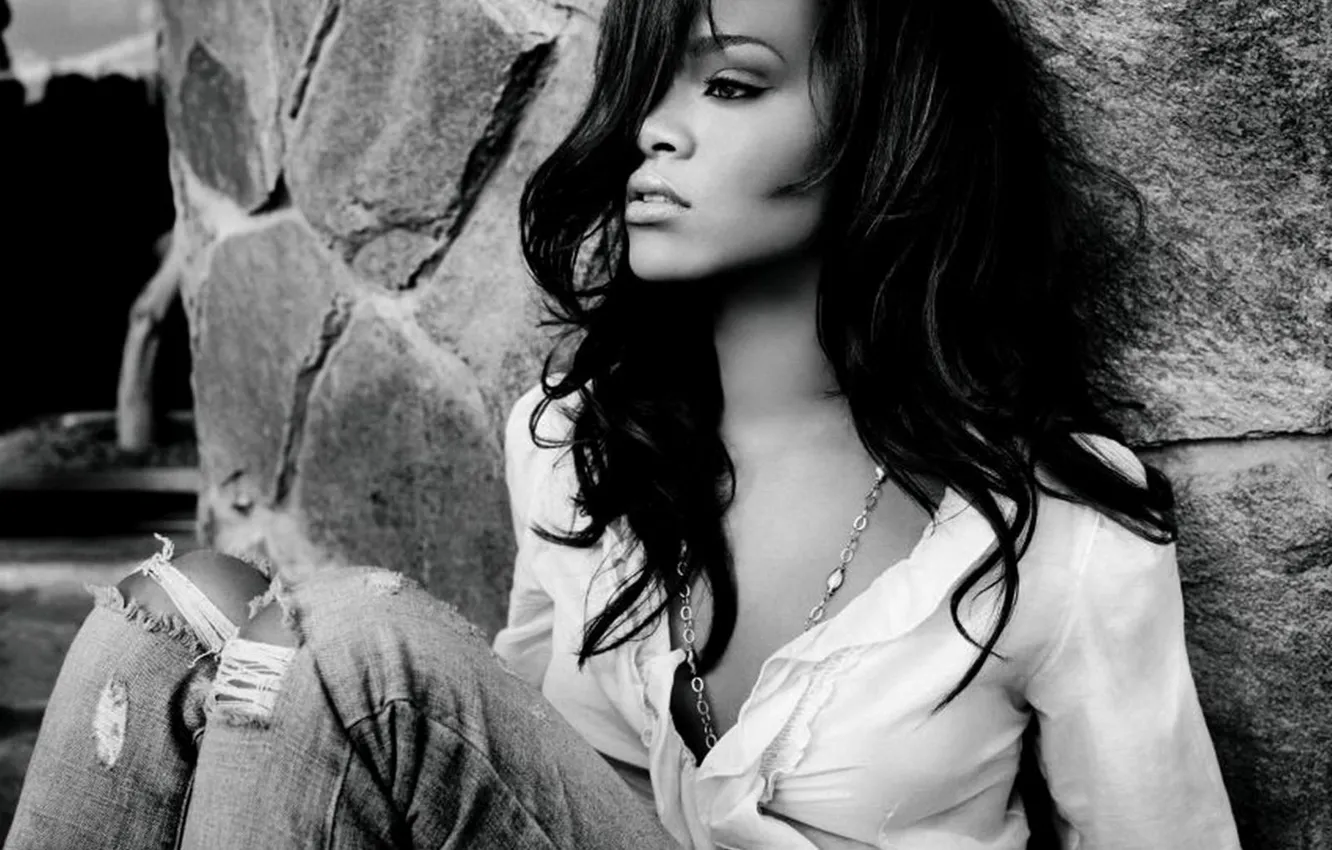 Photo wallpaper Rihanna, mood, jeans, hair, black and white, celebrity