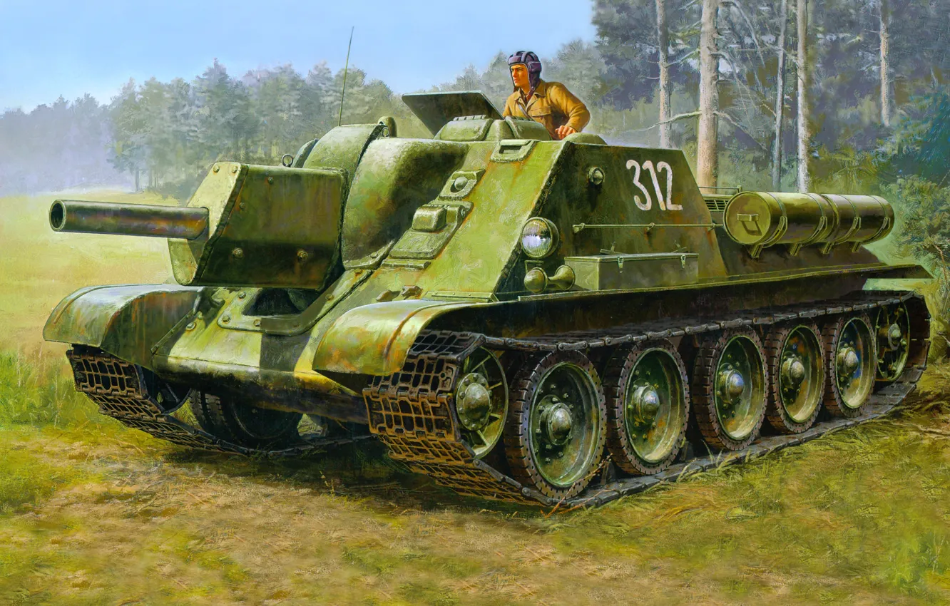 Photo wallpaper forest, figure, USSR, the second world, tanker, The red army, self-propelled unit, SU-122