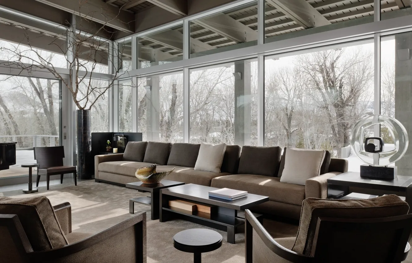 Photo wallpaper style, interior, living room, Japanese architectural practice, slopy area of the Northern Rocky Mountains, area …