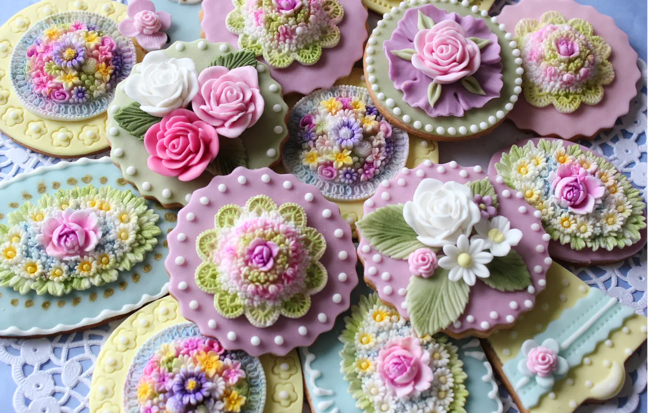 Photo wallpaper decoration, flowers, cookies, cakes, sweet, glaze, beads