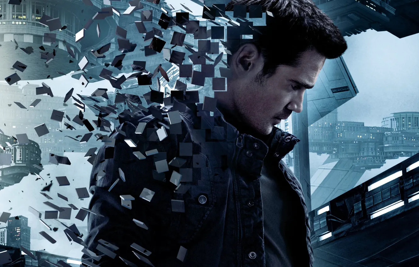 Photo wallpaper abstraction, the city, cubes, Colin Farrell, Total Recall, Remember all, Colin Farrell