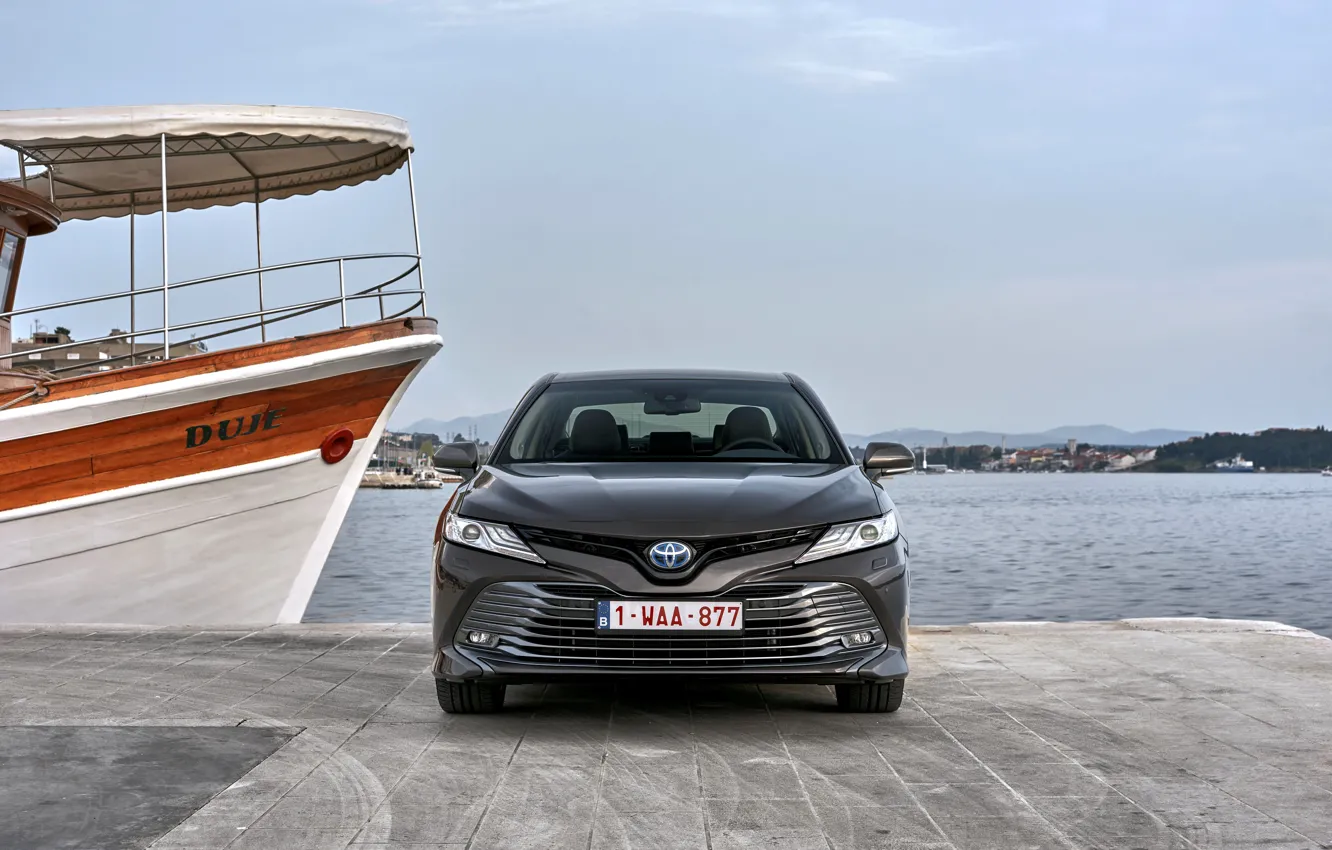 Photo wallpaper shore, Toyota, sedan, front, the ship, Hybrid, Camry, 2019